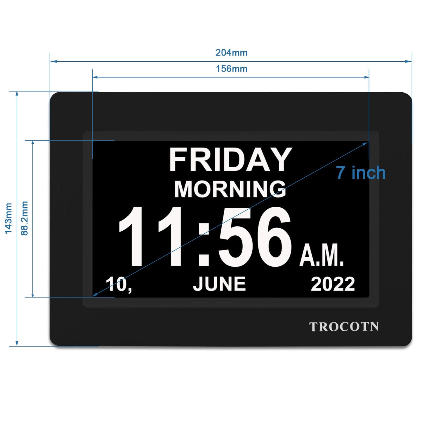 TROCOTN 7 Inches Calendar Clock Dementia Clock Large Display Alarm Clock with Auto DST for Seniors, 5 Display Modes Large Font Digital Clock with Custom Alarms Day Date Clock Wall Clock(Black)