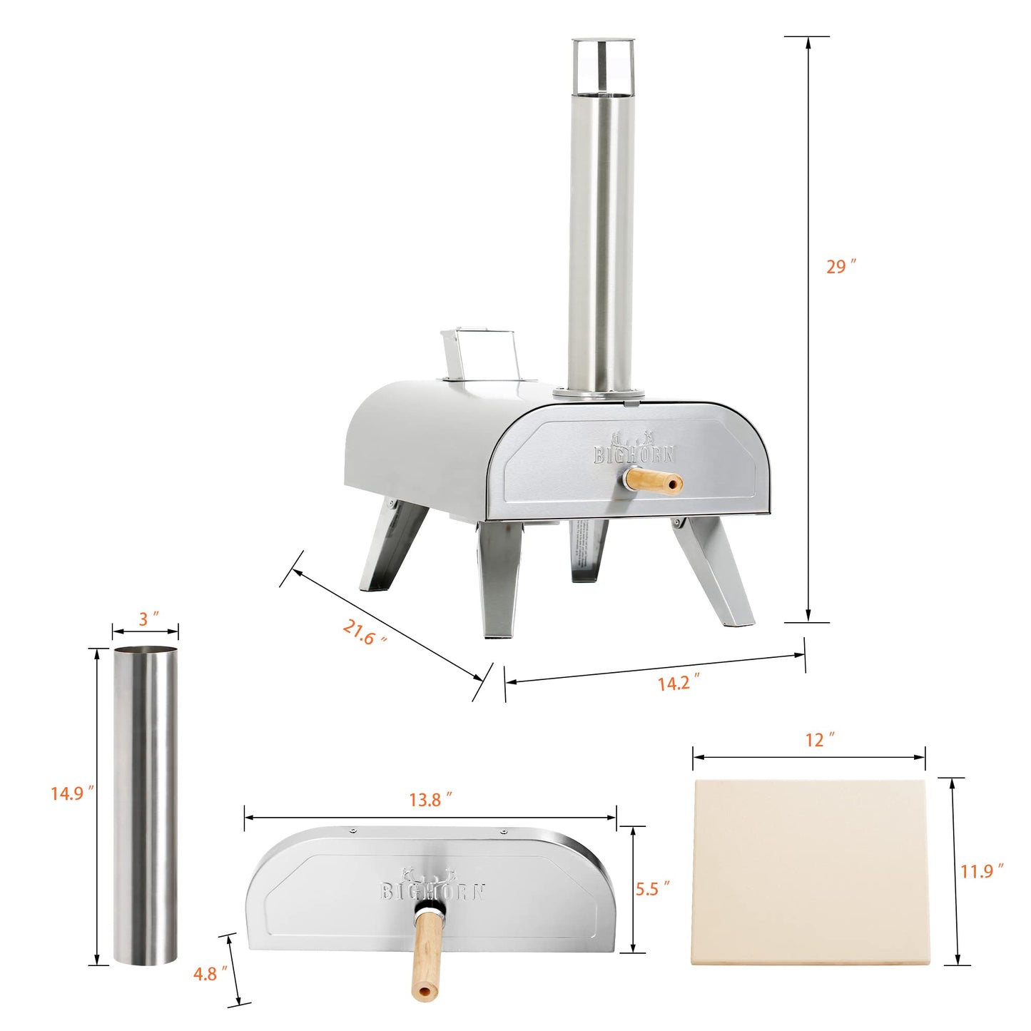 BIG HORN OUTDOORS Pizza Ovens Wood Pellet 12” Pizza Oven Cooking Pizza Maker Portable Stainless Steel Pizza Grill, Silver Portable Party use