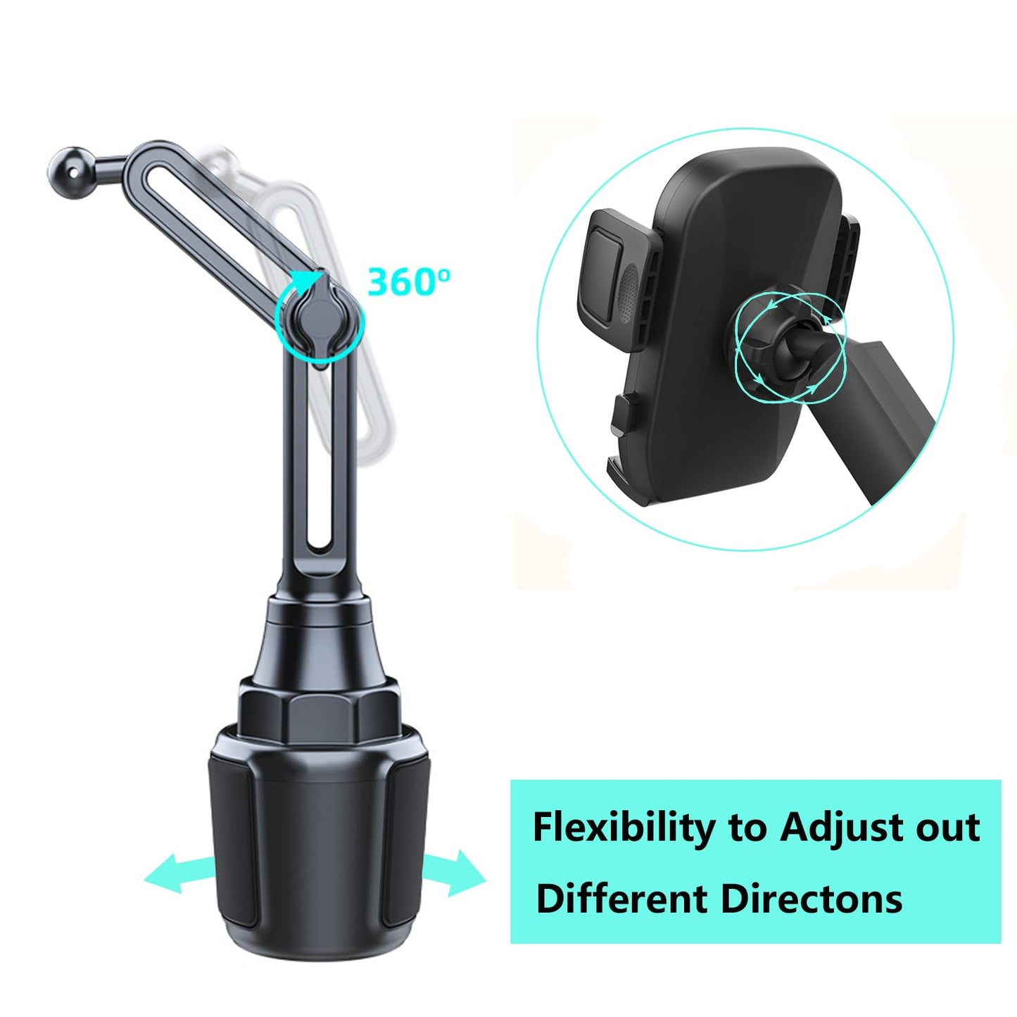Easkkty Cup Phone Mount for Car with Expandable Base, Universal Car Cup Phone Cradle Holder with Long and Adjustable Neck Fit with iPhone Samsung Google and All Smartphones