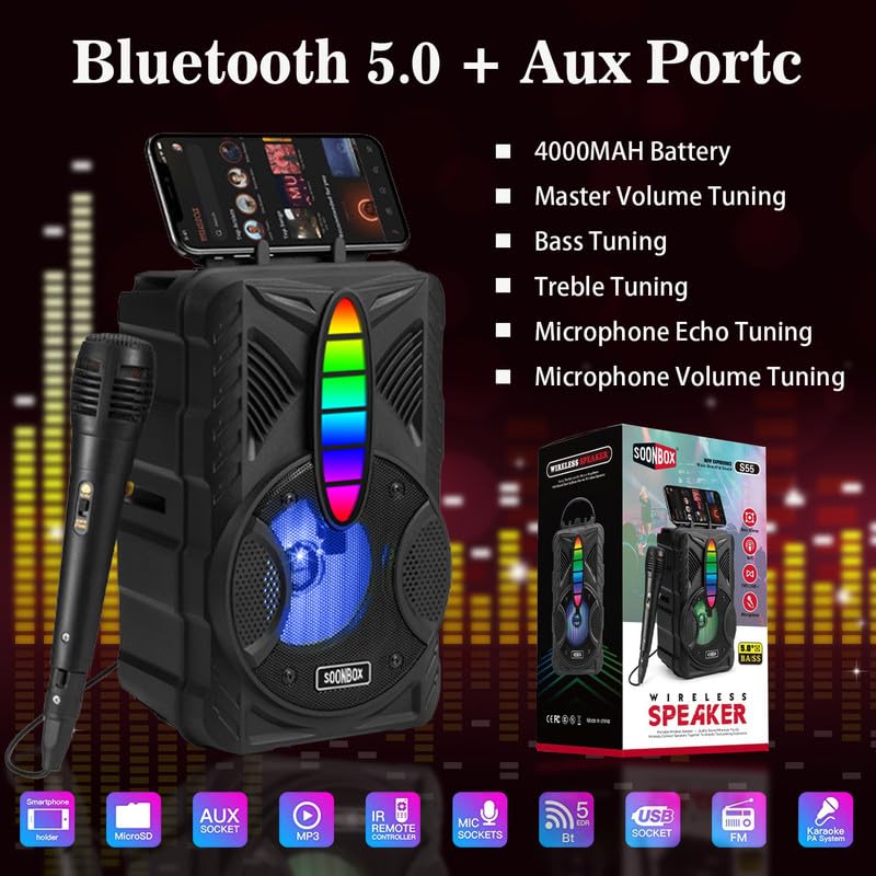 Bluetooth Speaker, IPX5 Waterproof Speaker with HD Sound, RGB Multi-Colors Rhythm Lights, Up to 8H Playtime, TWS Pairing, Portable Wireless Speakers for Home, Outdoor,(Comes with a Microphone) A4221