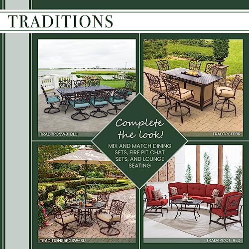 Hanover Traditions 5-Piece Outdoor Dining Set, All-Weather Patio Dining Set for 4 with Cushioned Wicker Back Cast Aluminum Swivel Rocker Chairs and 42" Glass-Top Table for Patio, Backyard, Deck, Porch