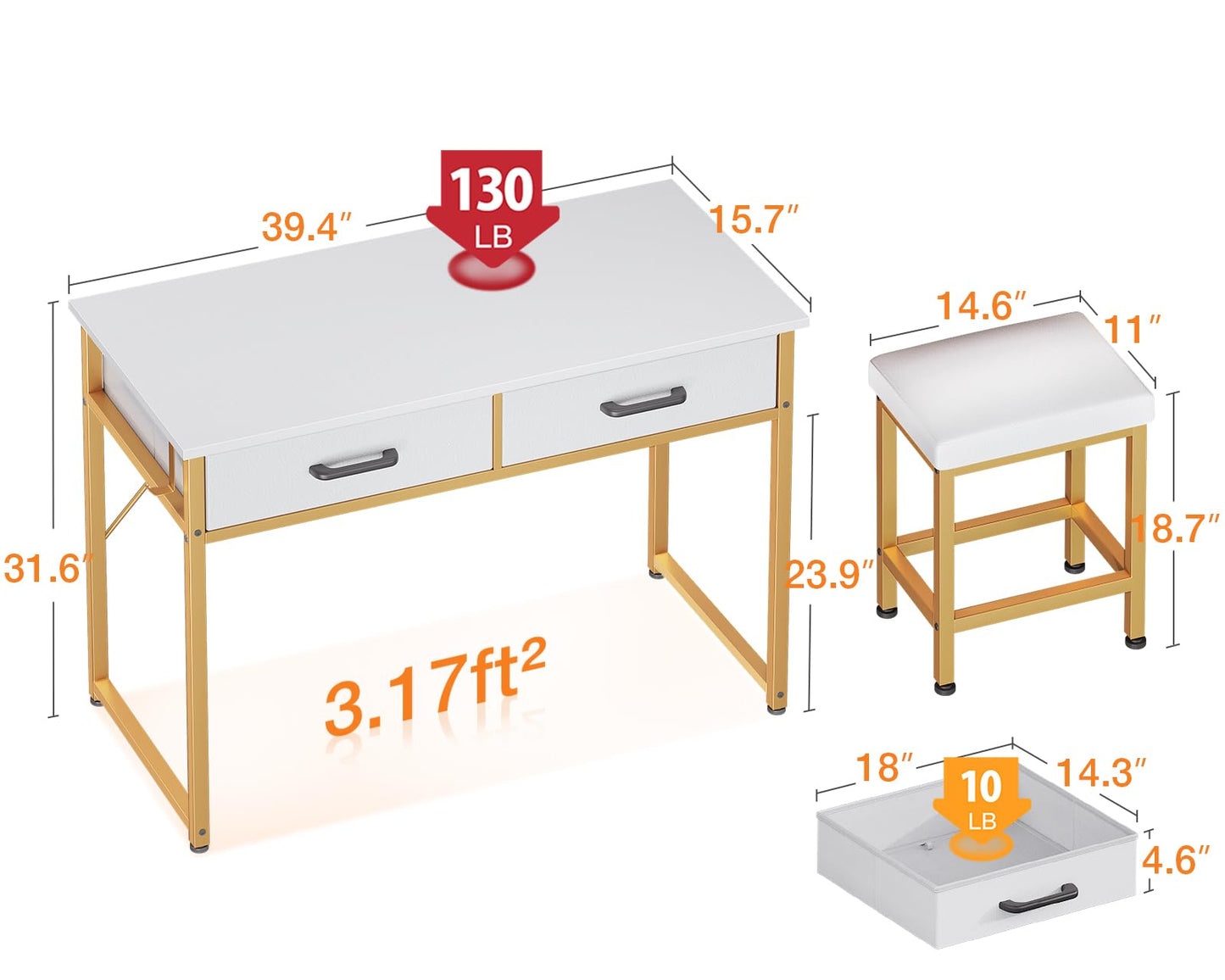 40-Inch Vanity Desk with Stool and Drawers