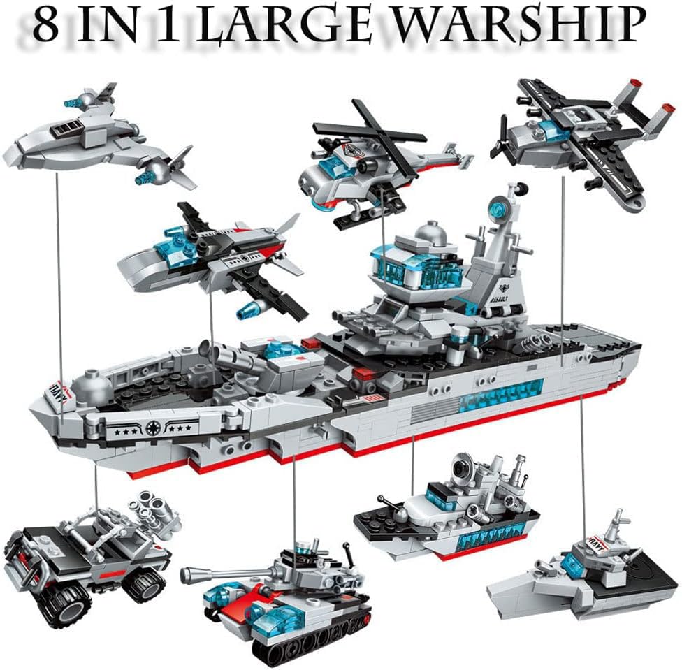 ENHANA 700 PCS Aircraft Carrier Building Blocks Set,8 in 1 Military Battleship Building Toy,17 Styles Army Vehicles Helicopter Airplane Warship Birthday Gifts for Boys