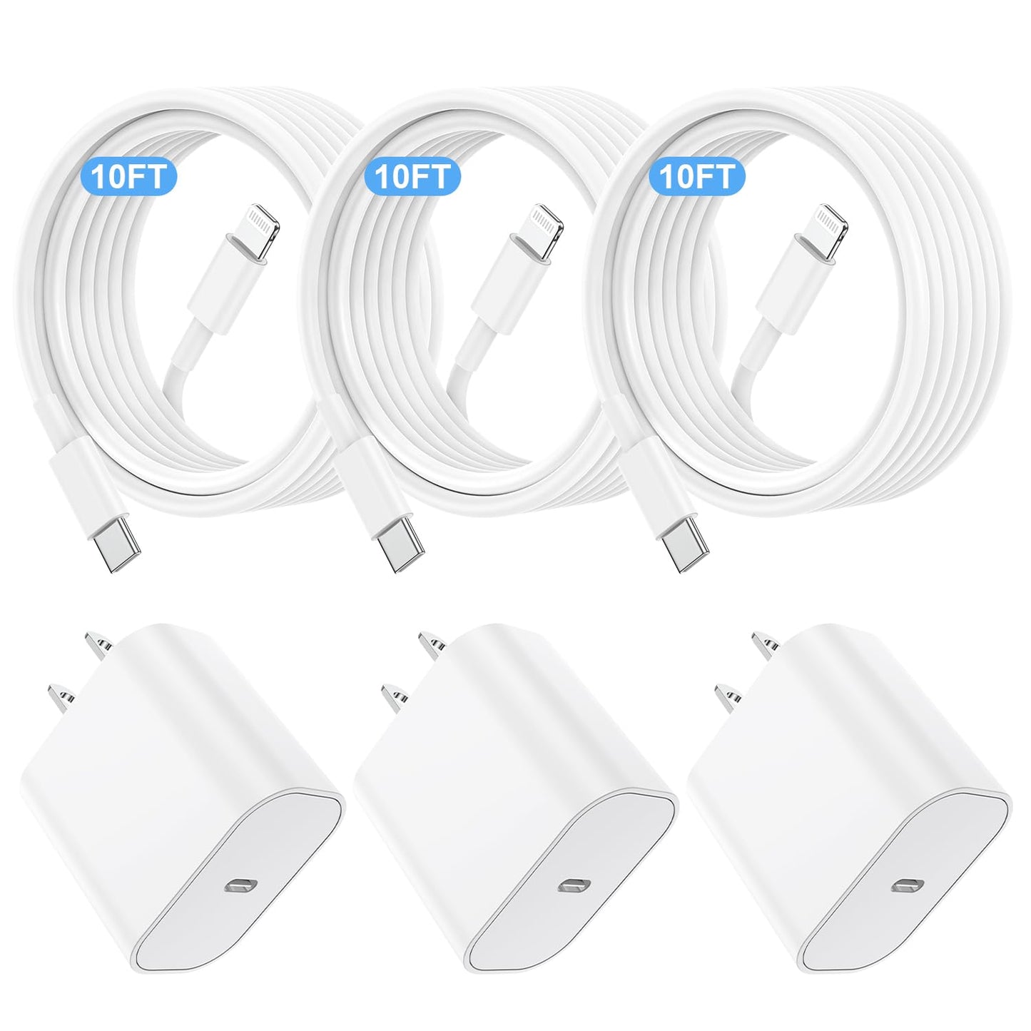 i Phone Charger Fast Charging 10 FT, 3-Pack 20W PD USB C Charger Block with i Phone 14 13 Charger Cable 10 Foot, Compatible with iPhone 14 Pro/13Pro Max/12/11Pro/Mini - White
