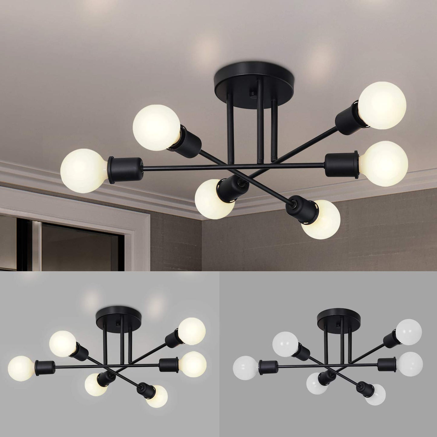 Hurrah Sputnik Light Fixture Black - 6 Lights Flush Mount Ceiling Light Fixture Industrial Chandeliers Modern for Kitchen Dining Room Living Room Bedroom Laundry E26