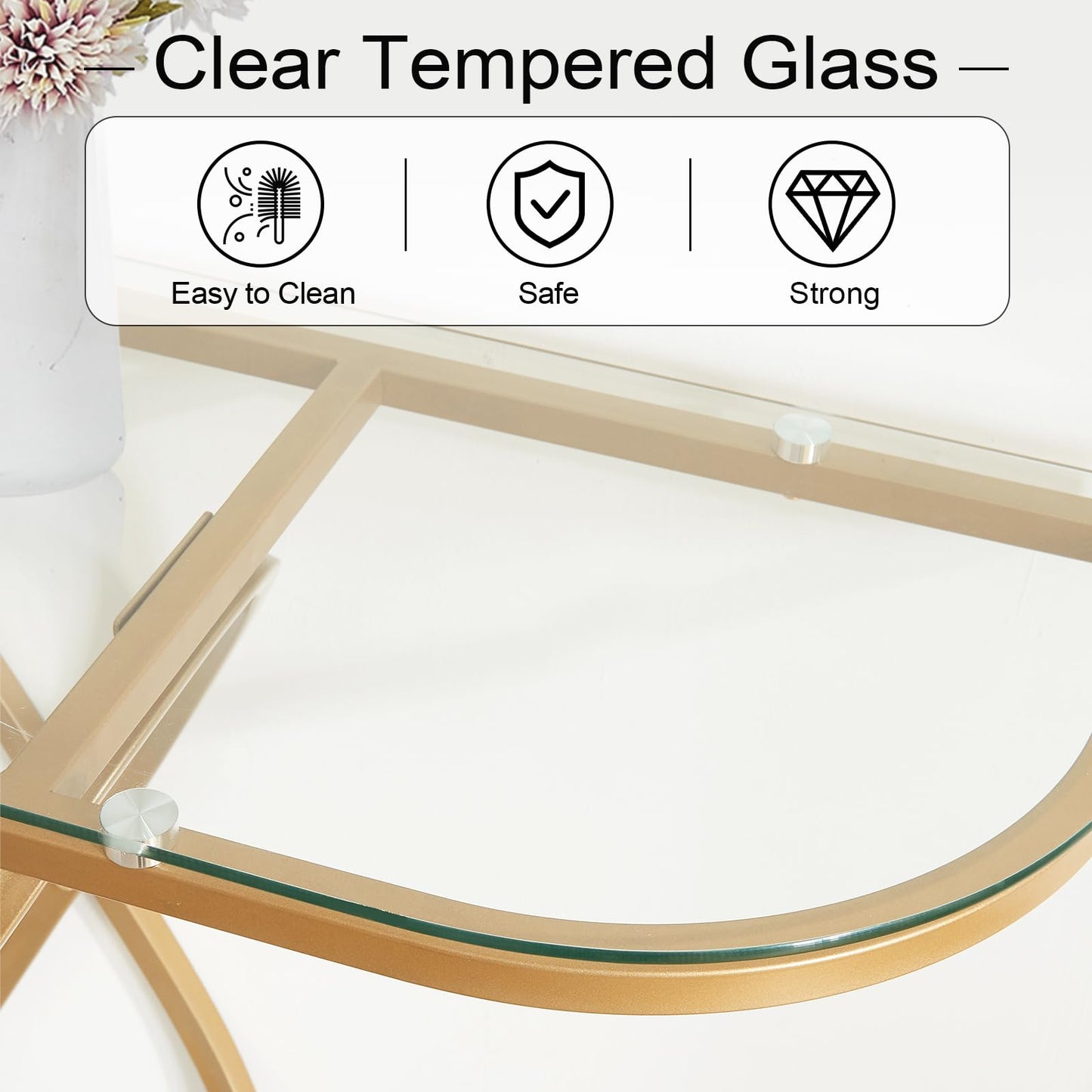 HOMBAZAAR Modern Entryway Table, Glass Entrance Sofa Table with Oval Frames and Marbling MDF Base, Chrome Glass Console Table for Living Room, Entryway, Hallway, Bedroom,(Gold,Clear Glass)