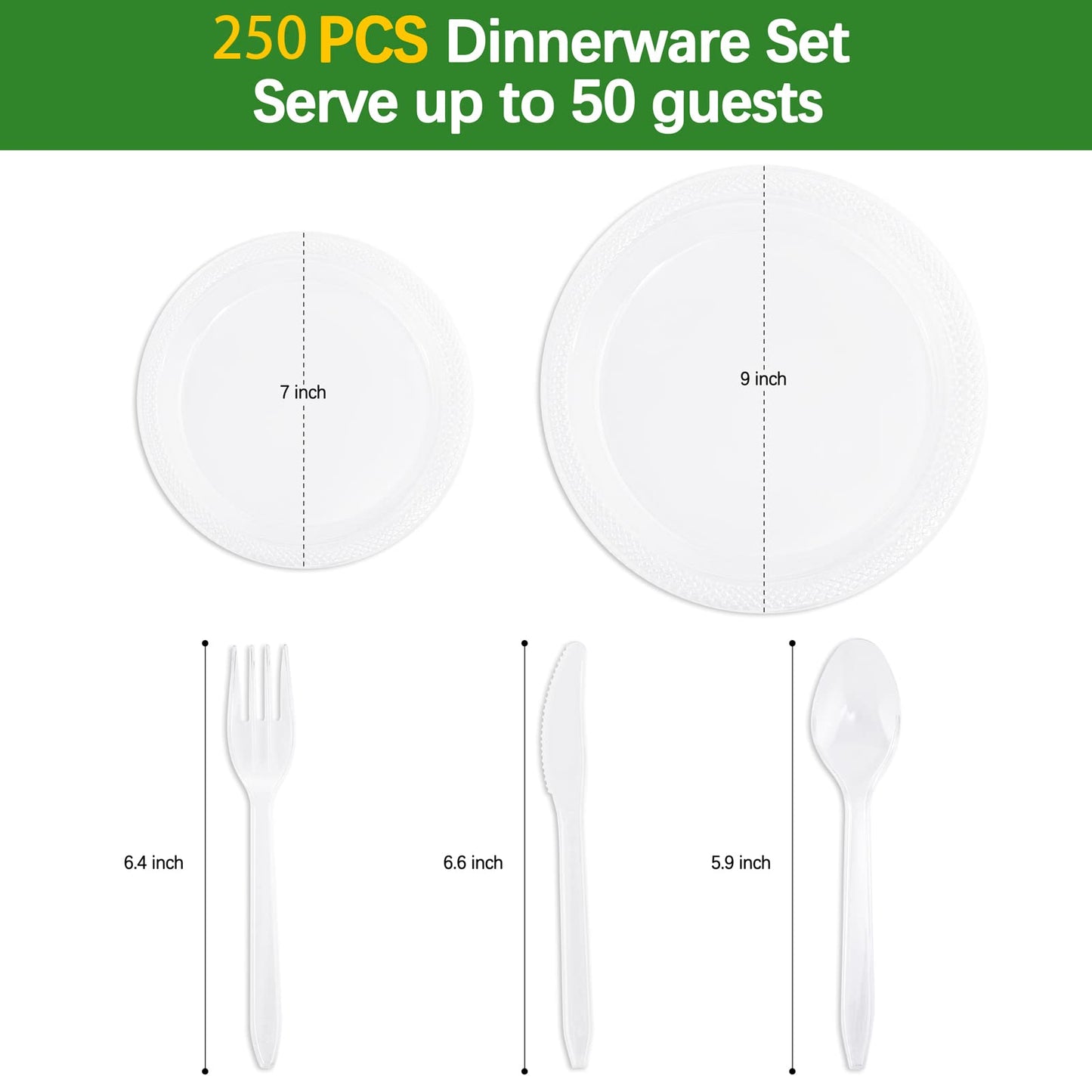 LUODA MirthMood 250Pcs Clear Disposable Plates, Clear Dinnerware Set for Party including 50pcs 9inch Dinner Plates, 50pcs 7inch Salad Plates and 50 Sets of Clear Plastic Silverware