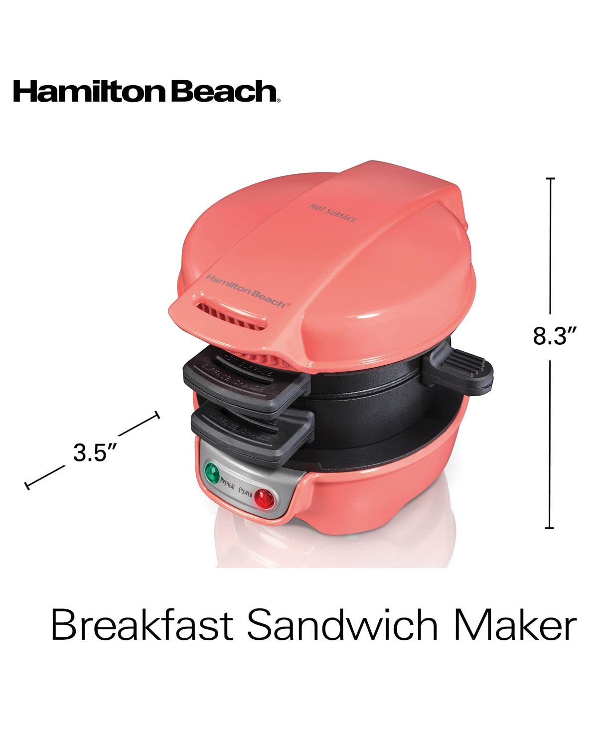 Hamilton Beach Breakfast Sandwich Maker with Egg Cooker Ring, Customize Ingredients, Perfect for English Muffins, Croissants, Mini Waffles, Perfect White Elephant Gifts, Coral (25483)