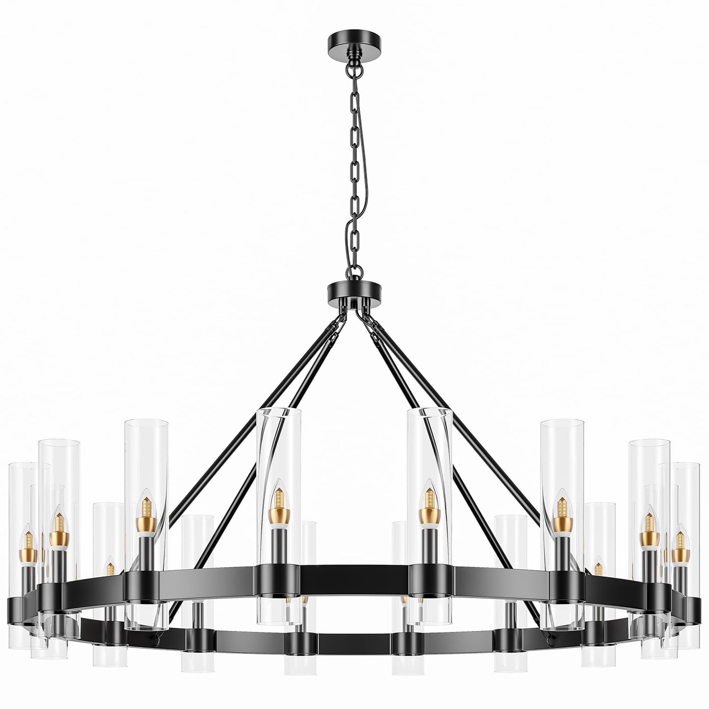 48" Black Wagon Wheel Chandelier with Glass Shade