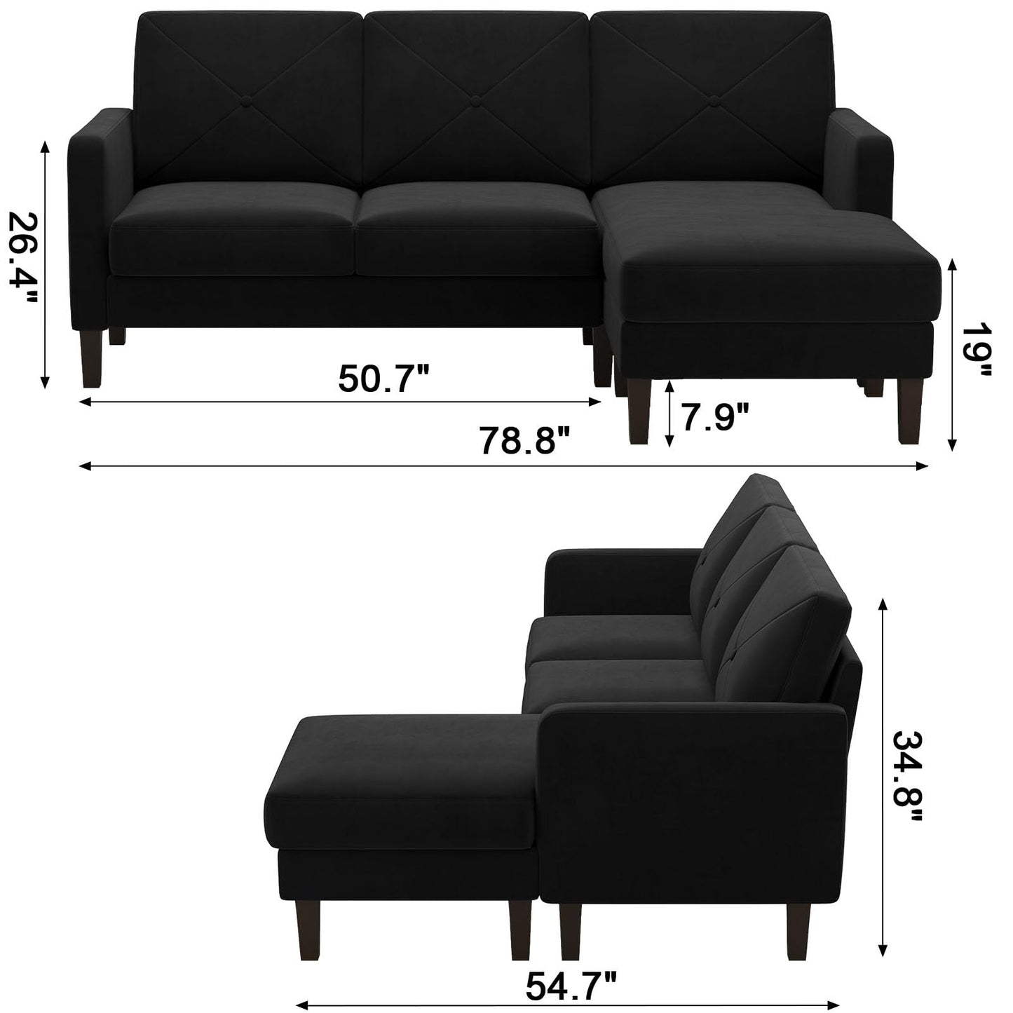 Belffin Velvet Convertible Sectional Sofa with Chaise Small L Shaped Couch with Reversible Chaise 3-Seater Sofa Sectional Set for Small Space Black