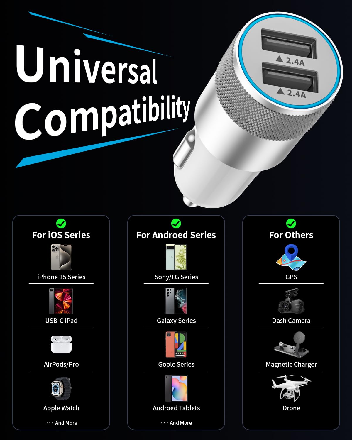 24W Dual USB Car Charger with 3FT Cables