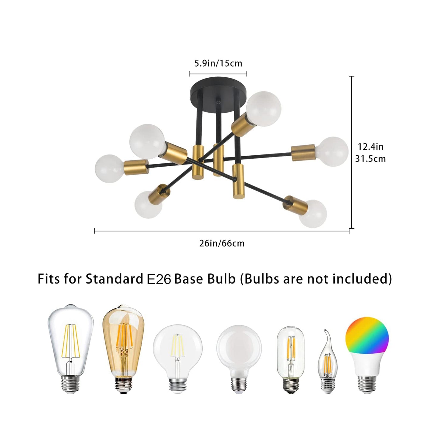 Sunwish Modern Sputnik Chandelier, 6-Light Mid Century Black Gold Chandeliers Ceiling Light Fixture, Sputnik Light Fixture for Dining Room Living Bedroom Kitchen, E26 Base(Bulbs Not Included)