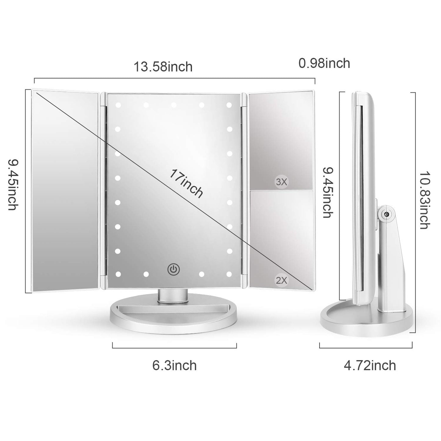 deweisn Tri-Fold Lighted Vanity Tabletop Mount Mirror with 21 LED Lights, Touch Screen and 3X/2X/1X Magnification, Two Power Supply Modes Make Up Mirror,Travel Mirror 10.83" H x 6.3" W