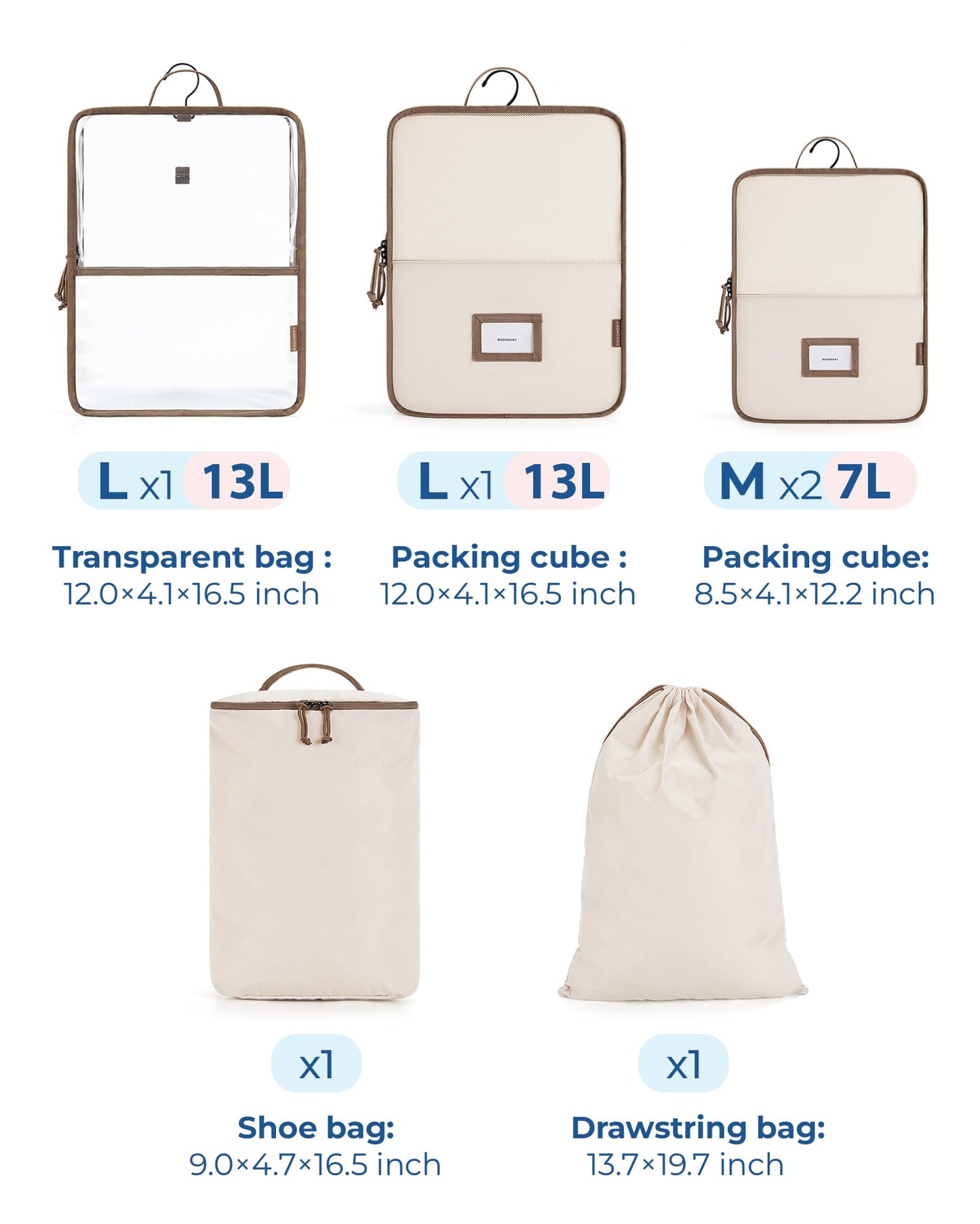 BAGSMART Hanging Packing Cubes for Travel, 6 Set Clear Waterproof Packing Cubes for Suitcases, Storage Organizer for Hanging Closet with Zipper, Handles and Hook Black