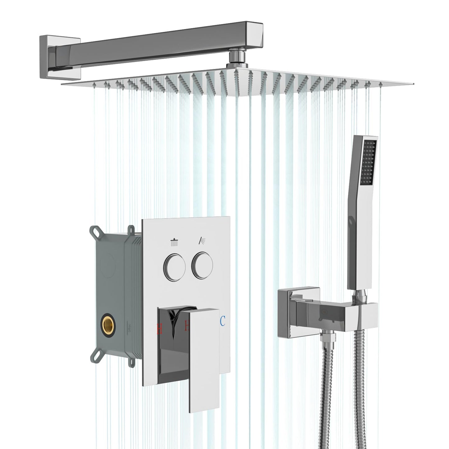 Lordear Shower System 12 Inch Shower Head,Shower Faucet Set Wall Mounted Chrome Finish Stainless Steel Shower Head and Handheld,Button Adjustment,Brass Main Body Shower Valve Included