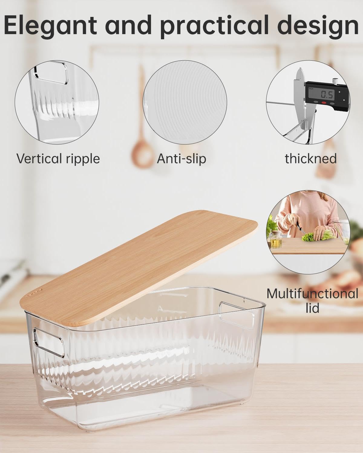 5 Pack PET Storage Bins with Bamboo Cutting Board