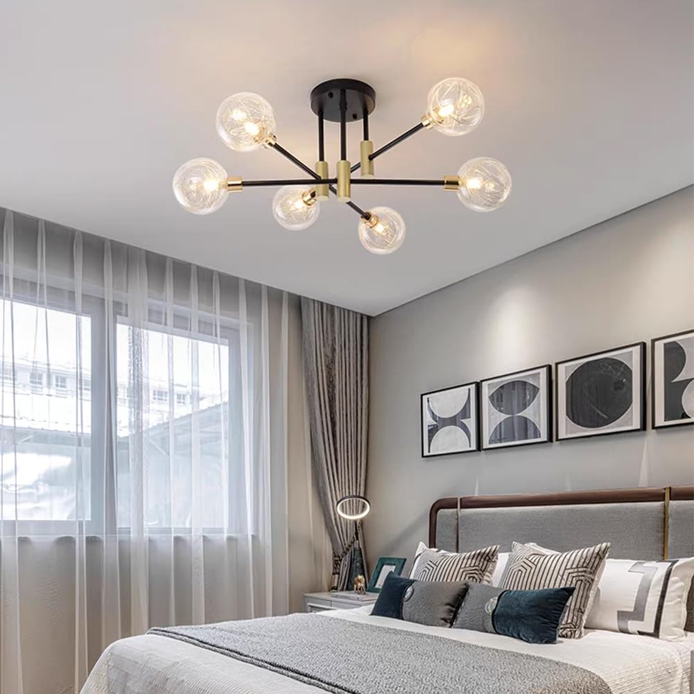 Sunwish Modern Sputnik Chandelier, 6-Light Mid Century Black Gold Chandeliers Ceiling Light Fixture, Sputnik Light Fixture for Dining Room Living Bedroom Kitchen, E26 Base(Bulbs Not Included)
