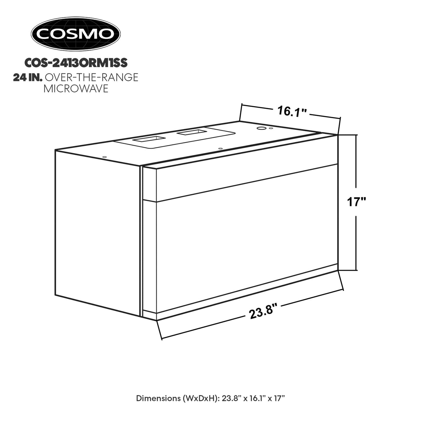 COSMO COS-2413ORM1SS Over the Range Microwave Oven with Vent Fan, 1.34 cu. ft. Capacity, 1000W, 24 inch, Black / Stainless Steel