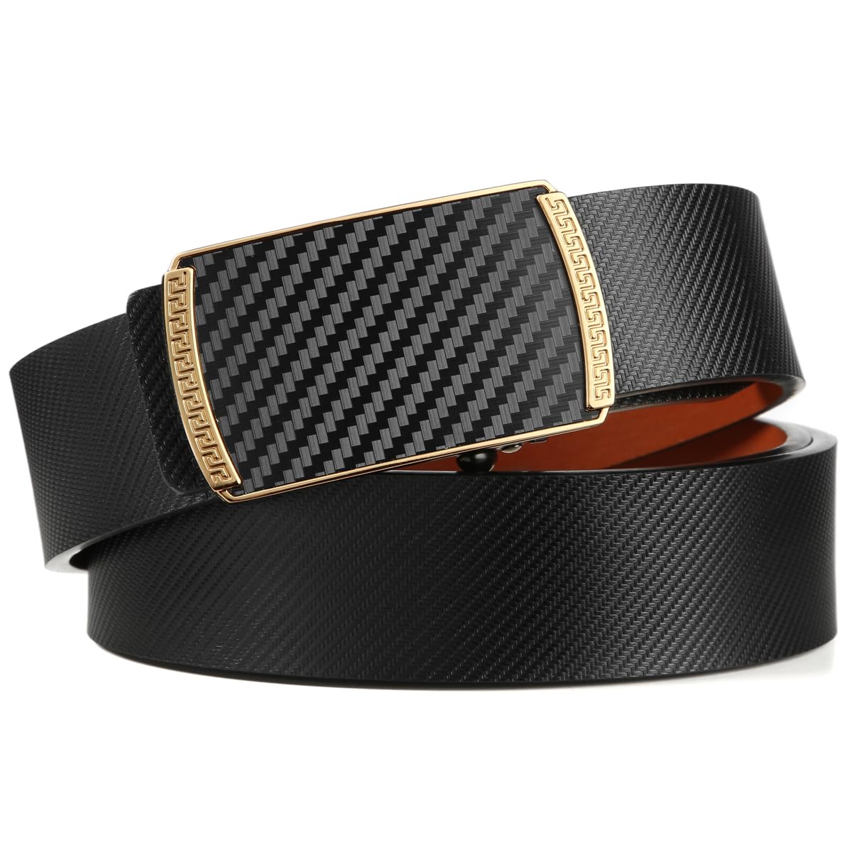 Huztencor Gold Buckle Belt Men, Ratchet Belt Dress Leather Hidden Tail, Jeans Belt with Easier Slide Gold Buckle,Carbon Fiber Black Brown 005 36"-39" 120CM