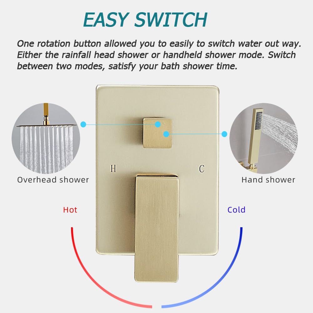 JingGang 10 Inch Ceiling Mounted Shower System Rain Mixer Shower Combo Set Rainfall Shower Head System Brushed Gold Shower Faucet Rough-in Valve Body and Trim Included