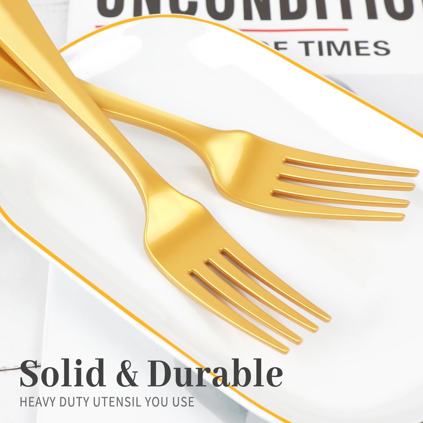 Disposable Forks Plastic, 200 Pcs Forks For Parties, Plastic Silverware Heavy Duty, Solid and Durable Plastic Utensils, Disposable Table Forks & Dinner Forks For Noodle/Salad, Golden Shower Forks
