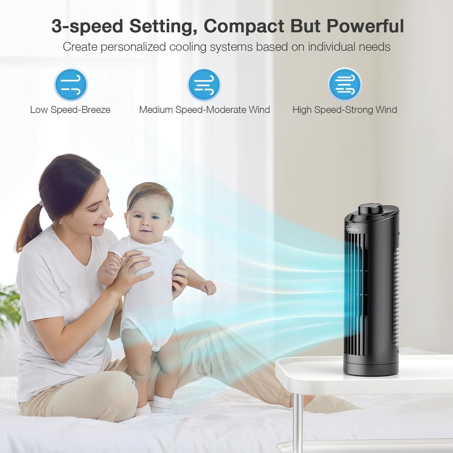 Grelife 13'' Bladeless Tower Fan with Control Panel