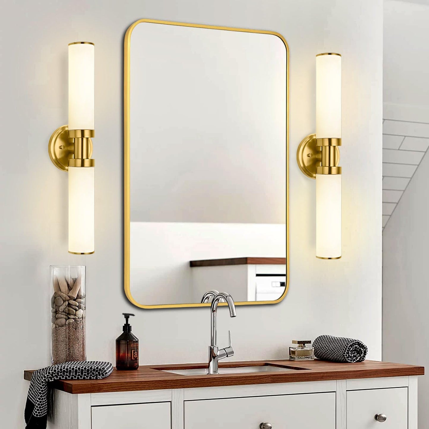 Mecuss Modern Vanity Lights for Bathroom: 21inch Wall Mounted Sconces Wall Lighting Fixtures, White Glass with Elegant Brushed Gold Brass Finish for Bedroom Over Mirror(Bulb Exclude)