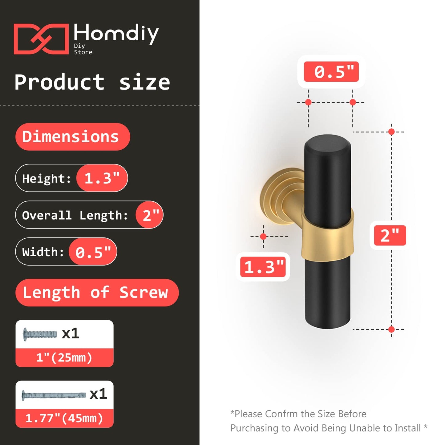 homdiy 30 Pack Cabinet Knobs Gold & Black Drawer Knobs for Dresser Cupboard Door, Modern Kitchen Cabinet Knobs Brushed Brass - Mette Black T Bar Knobs with 2 Inch Overall Length