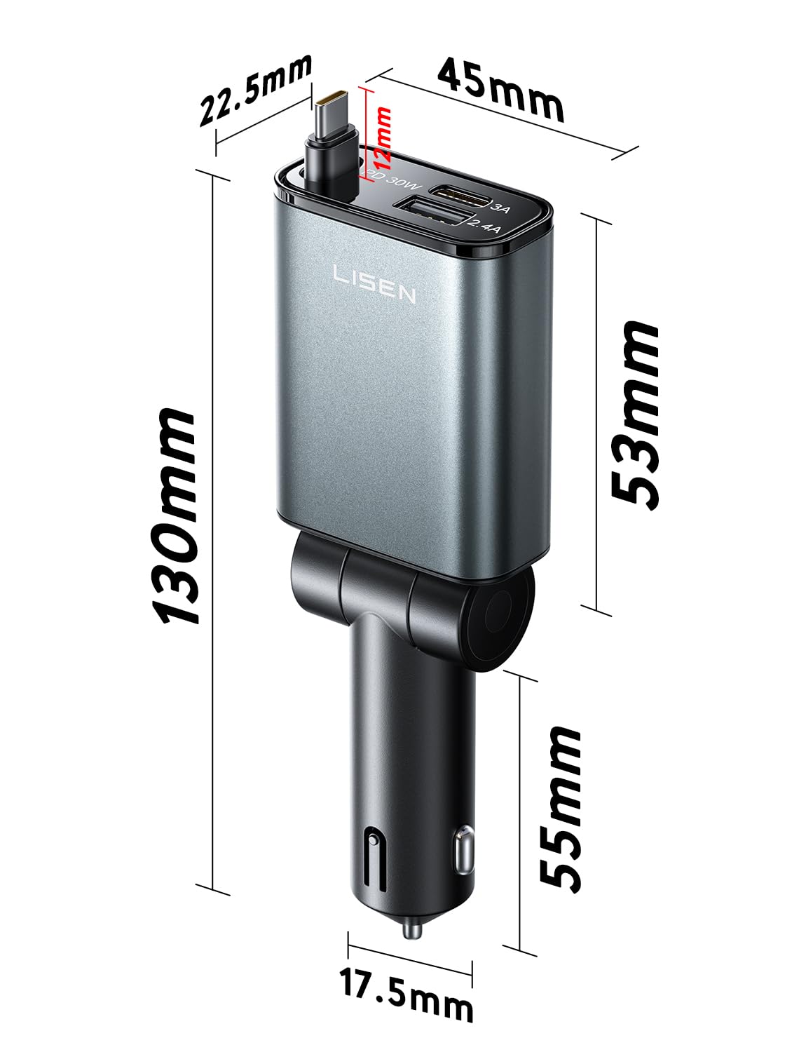 57W Retractable Car Charger by LISEN
