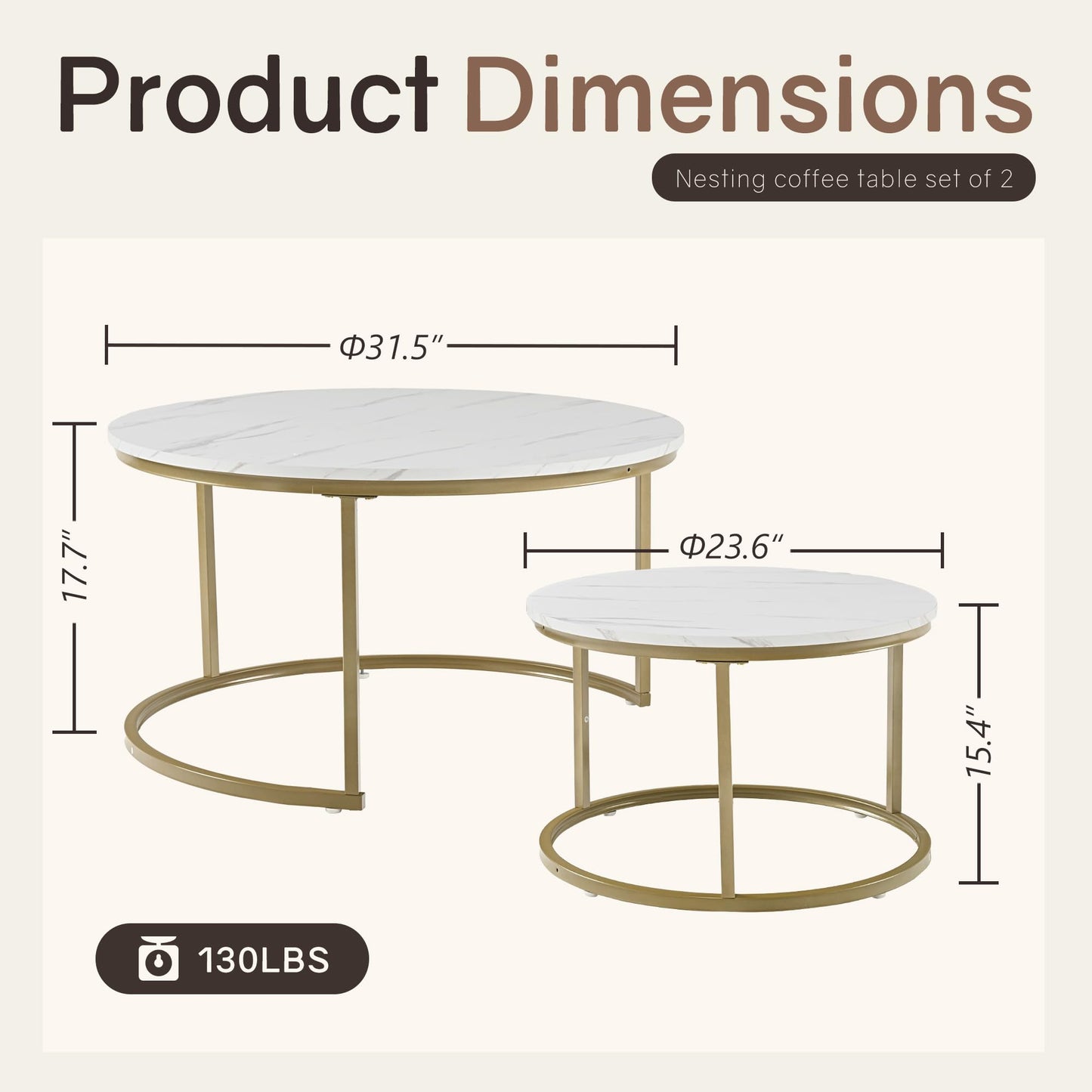 Otterease Nesting Tables Set of 2, 31.5" Round Coffee Table, Small Nesting Coffee Table with Adjustable Non-Slip Fee, White Marble Top Stack Nesting Tables Set of 2 for Living Room, Bedroom (White)