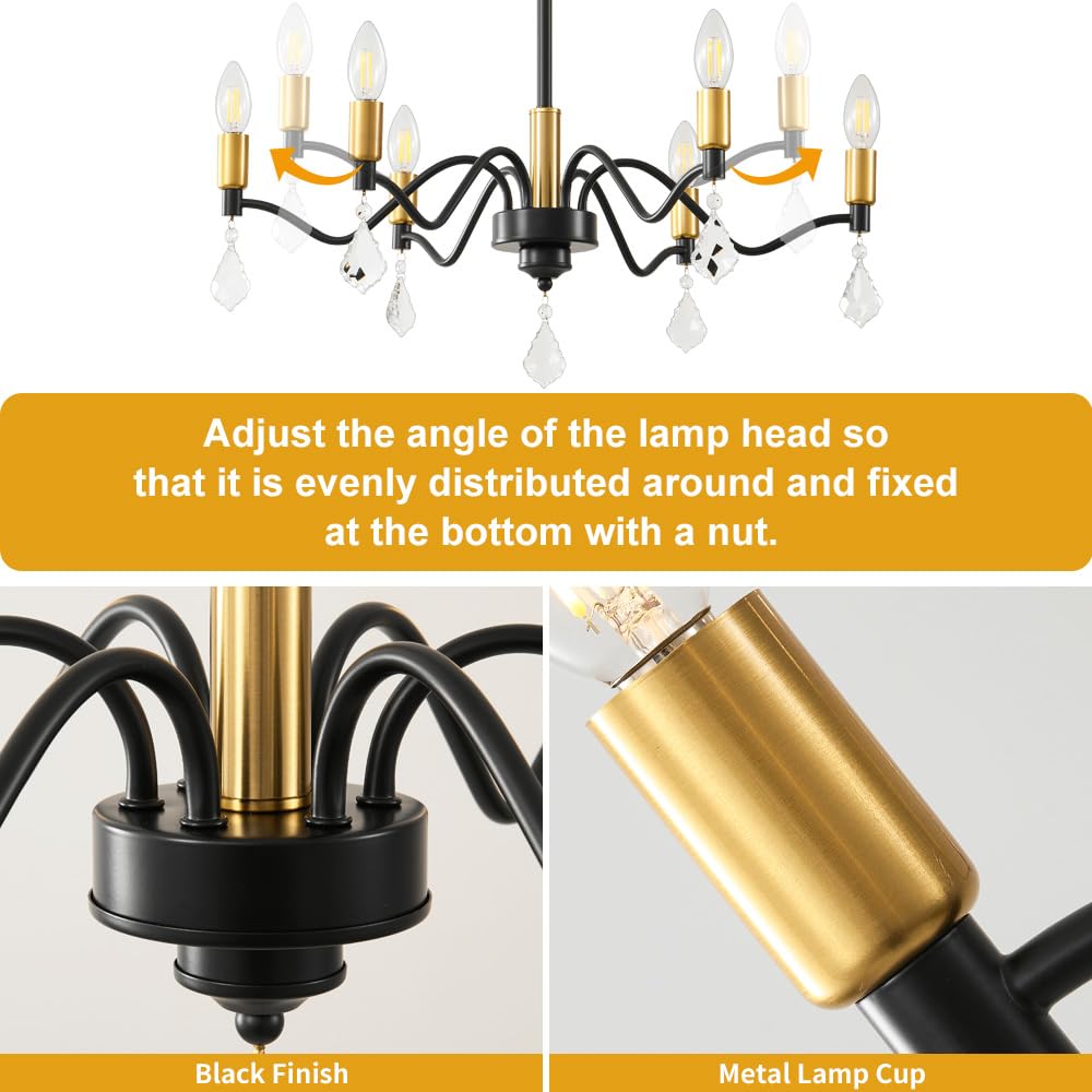 6-Light Black and Gold Chandelier with Crystal Decoration - Perfect for Farmhouse and Dining Room Lighting Fixtures