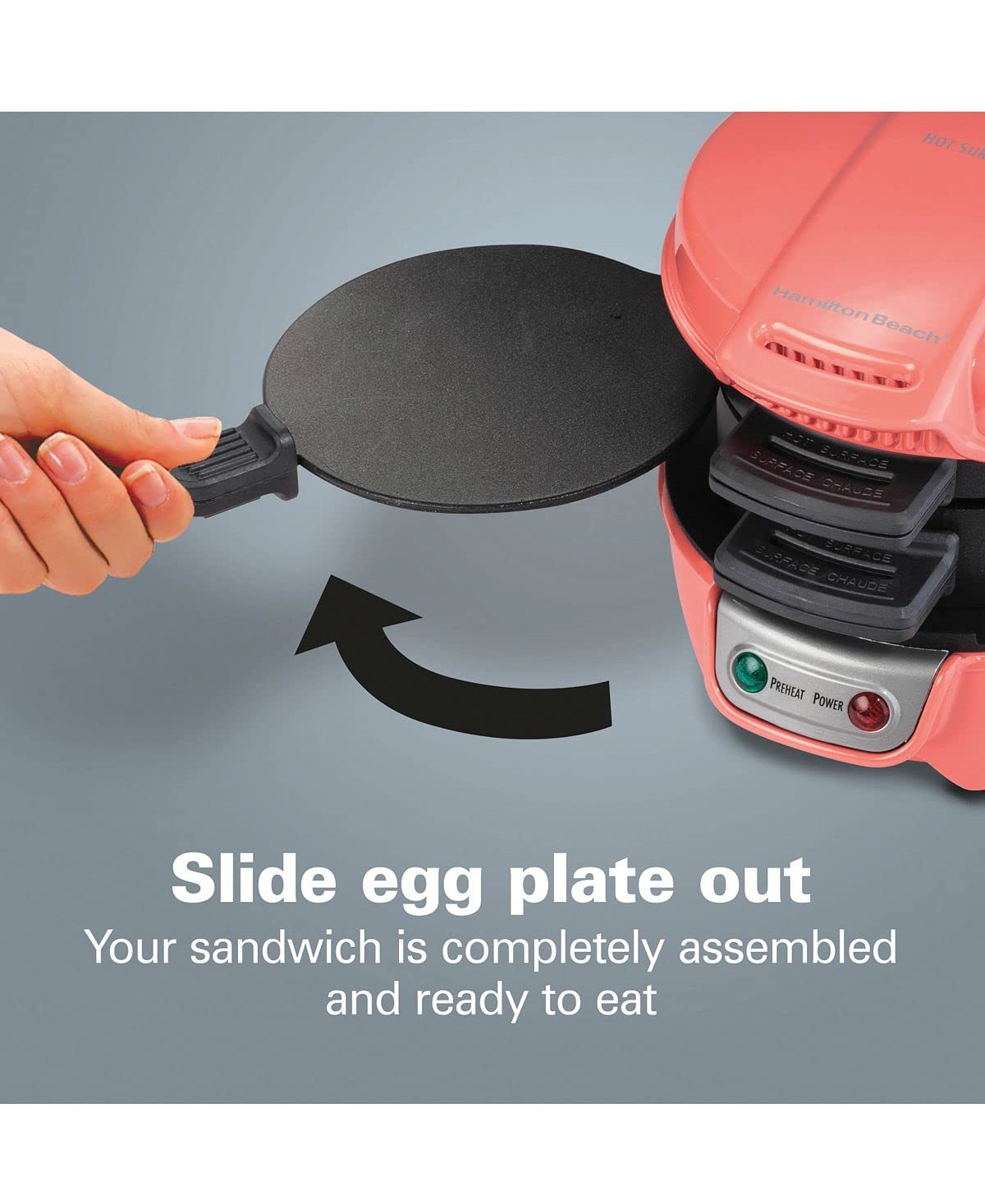 Hamilton Beach Breakfast Sandwich Maker with Egg Cooker Ring, Customize Ingredients, Perfect for English Muffins, Croissants, Mini Waffles, Perfect White Elephant Gifts, Coral (25483)