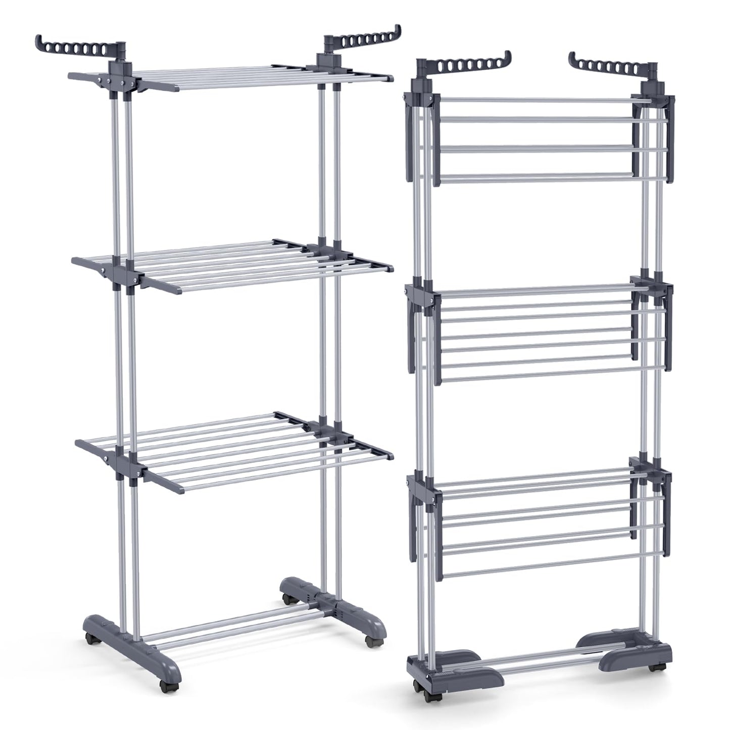Bigzzia Clothes Drying Rack, 67.7 Inch Laundry Drying Rack with Foldable Base, 4 Tier Stainless Steel Drying Rack Clothing, Movable Laundry Rack for Indoor Outdoor-Grey