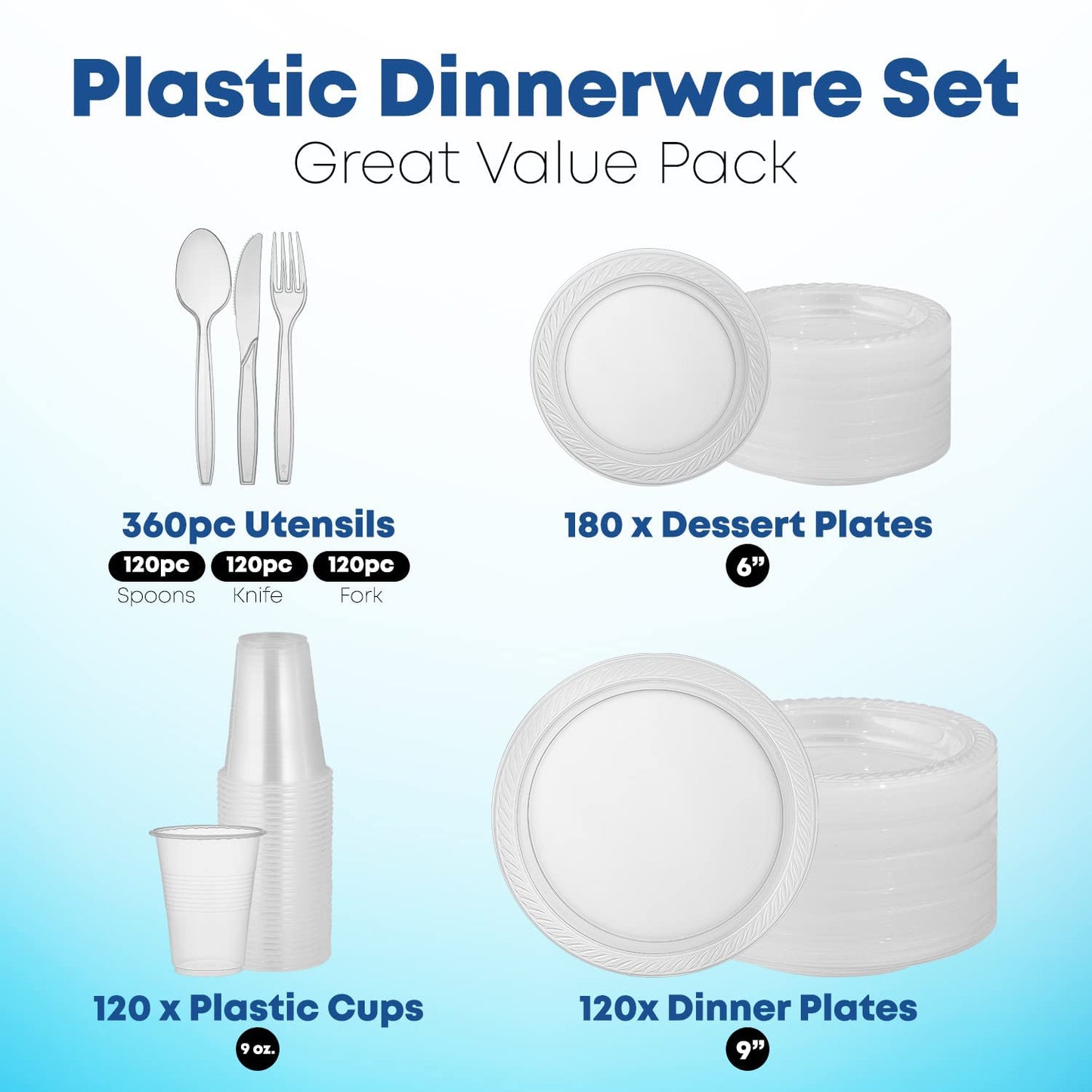 780 Piece Disposable Clear Tableware Set for 120 Guests By Framo - Microwavable Plastic Dinnerware Set of 120 9” Plates, 180 6” Dessert Plates, 120 9oz Cups,120 Spoons, Forks, Knives,