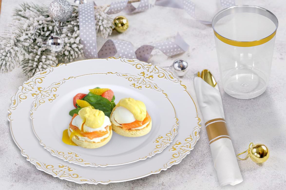 50 Gold Wrapped Plastic Cutlery Set with Napkin - By Zulzzy- Individually Pre Rolled Gold Silverware Disposable Ideal for Parties, Weddings, 50 Forks, Spoons & Knives with White Napkins
