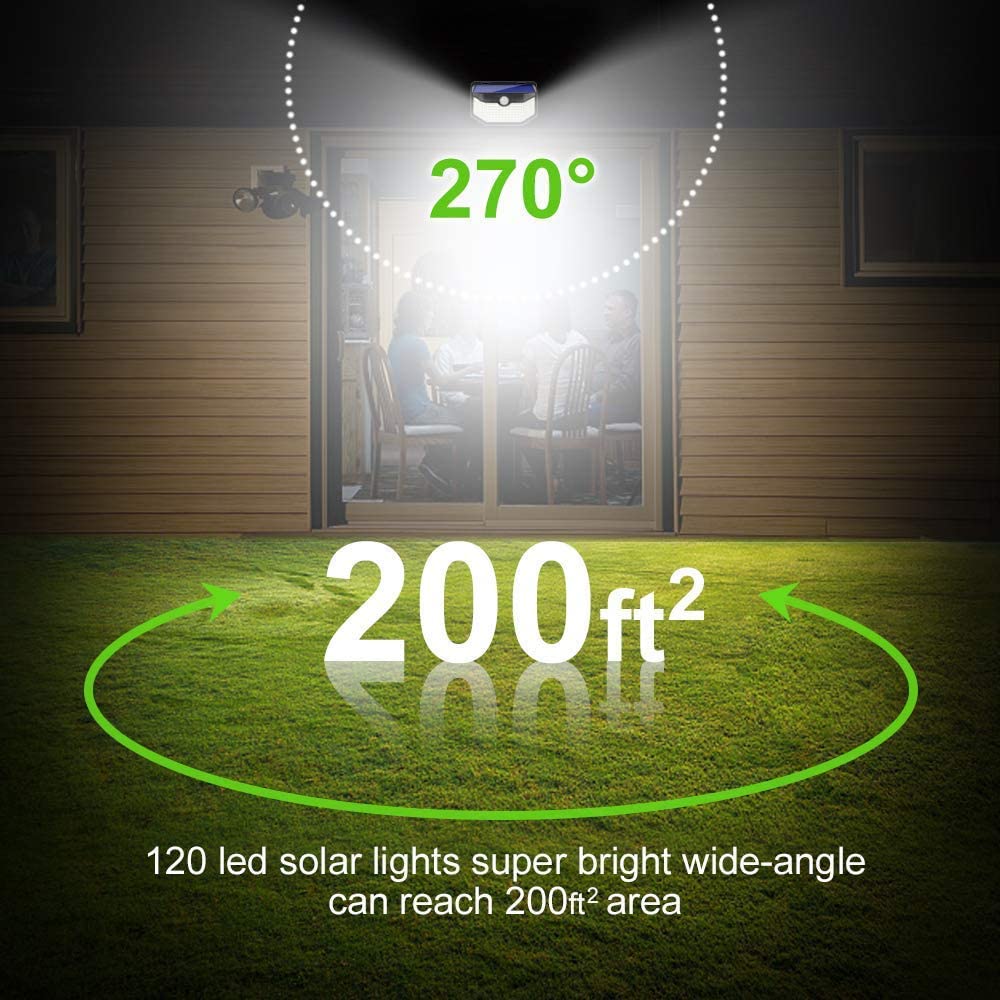 HMCITY Solar Lights Outdoor 120 LED with Lights Reflector and 3 Lighting Modes, Motion Sensor Wall Lights,IP65 Waterproof Solar Powered for Garden Patio Yard (2Pack)