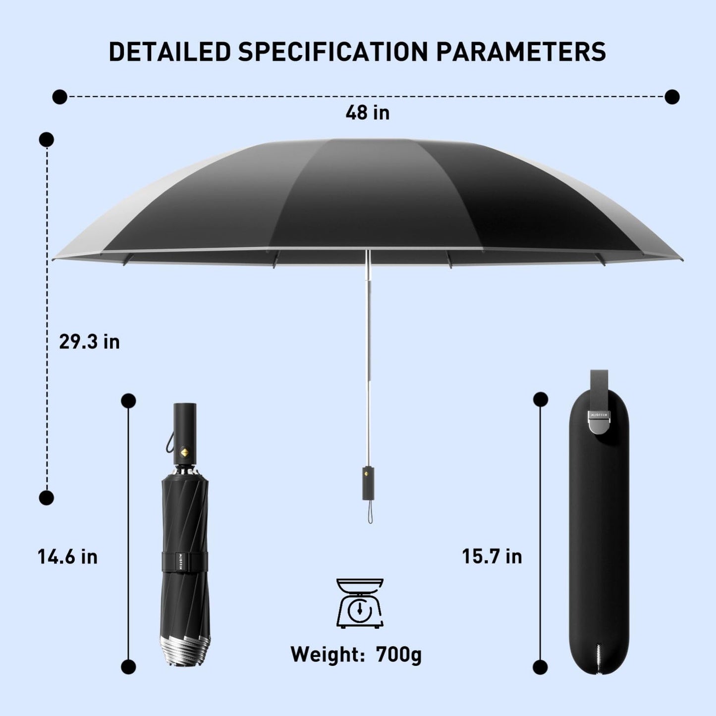 MJOFFIN Travel Inverted Umbrella,Large Windproof Umbrellas for Rain,Compact Auto Umbrella with Reflective Strip,Travel Reverse Folding Umbrella with case(Black)