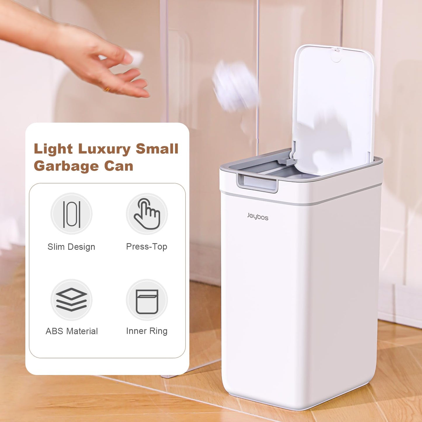 funest Bathroom Trash Can, 2 Pack Small Trash Can, S02 Plastic Waste Basket for Bedroom, Narrow Trash Bin for Home and Office, 3.6 Gal (Press top lid) + 2.4 Gal (Open lid)