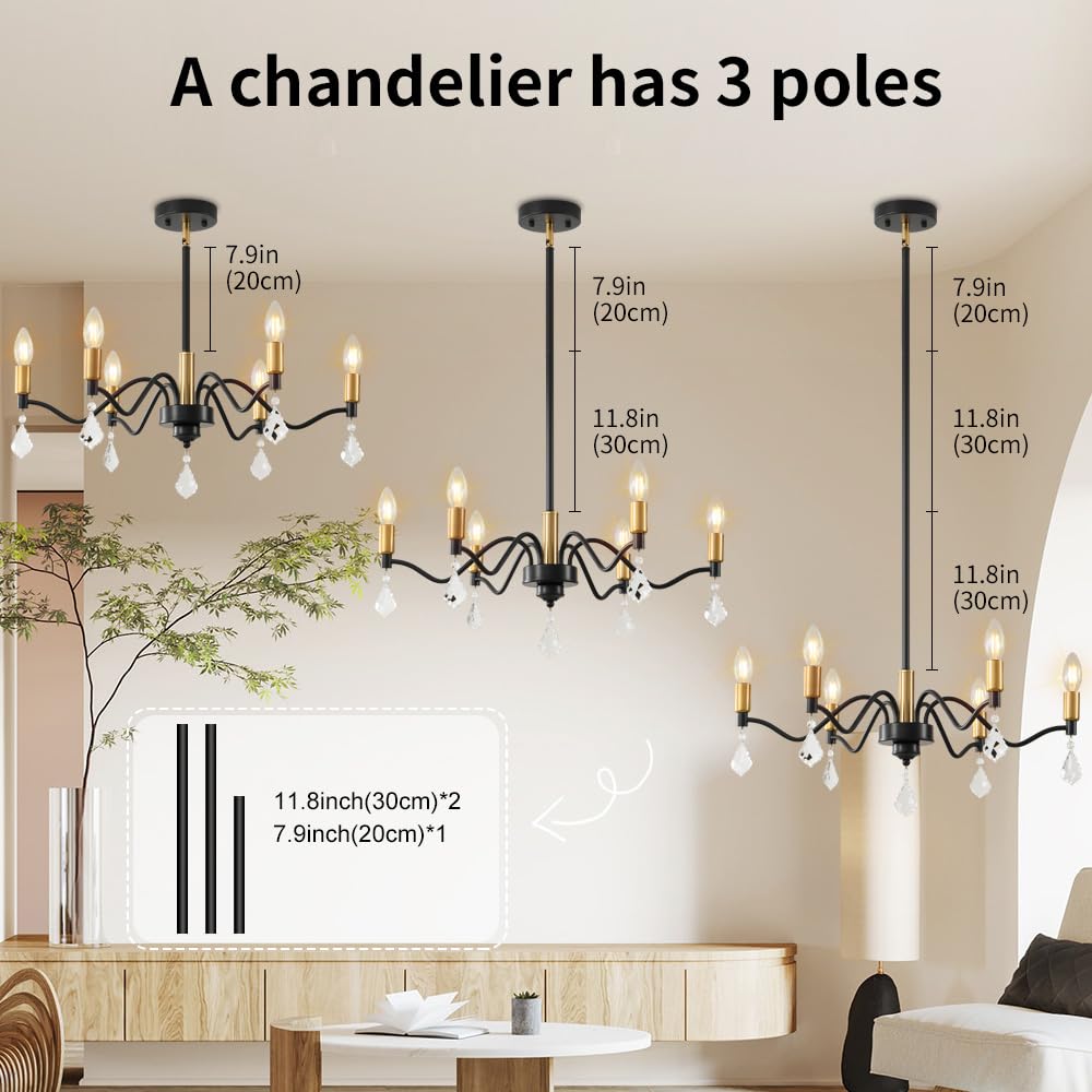 6-Light Black and Gold Chandelier with Crystal Decoration - Perfect for Farmhouse and Dining Room Lighting Fixtures