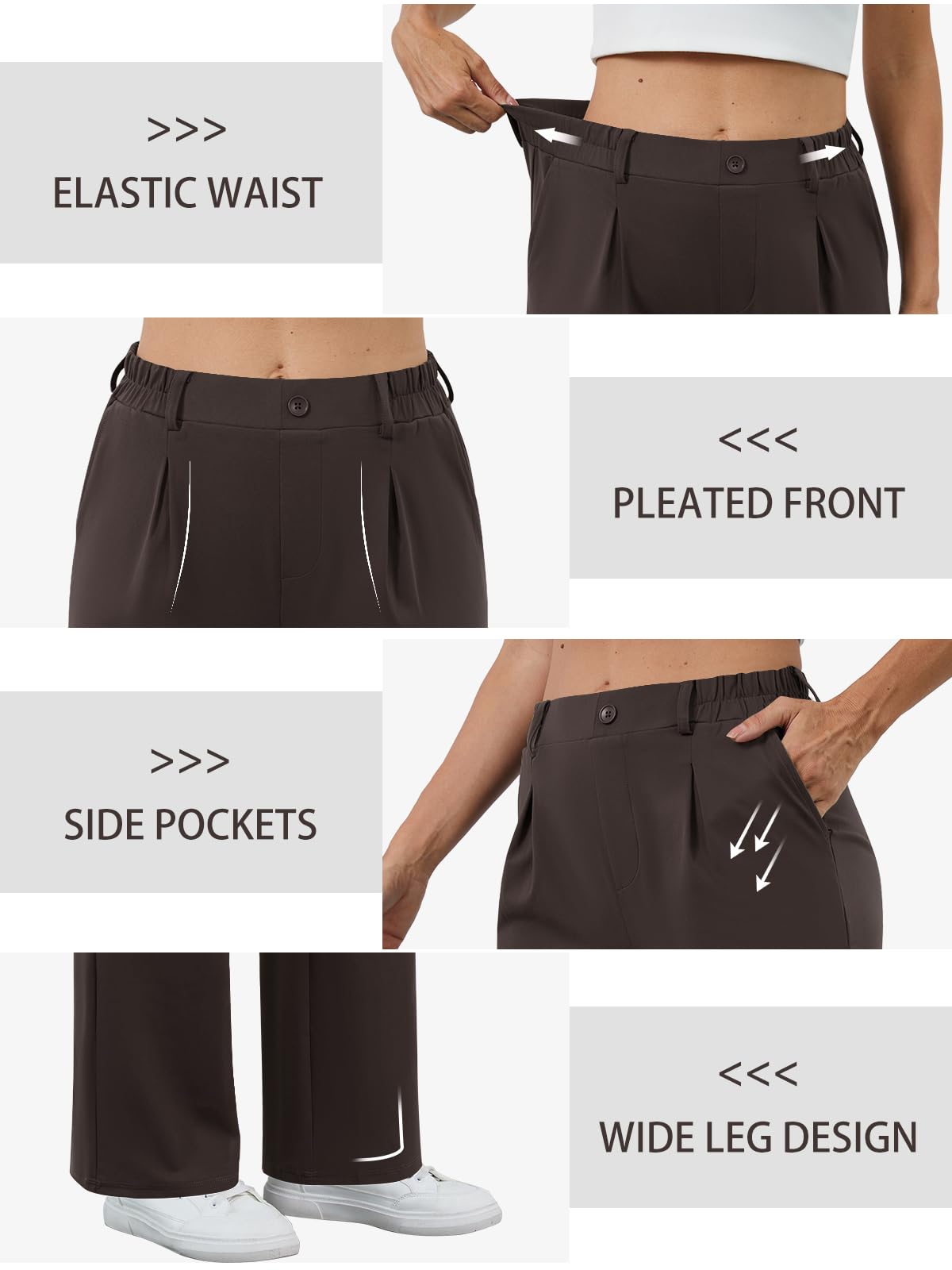 COPYLEAF Womens Dress Pants Wide Leg Stretchy Work Pants with Pockets Elastic Waist Pleated Front Business Casual Slacks(Brown M)