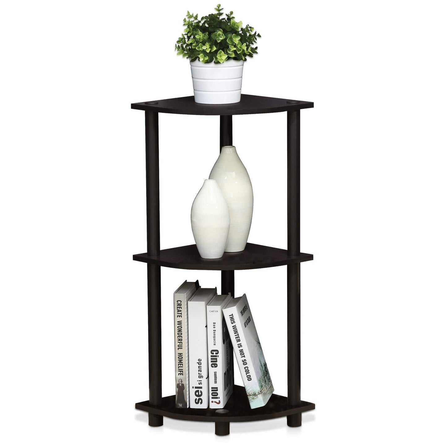 Furinno - 12077DWN Turn-N-Tube 3-Tier Corner Display Rack Multipurpose Shelving Unit, Dark Walnut