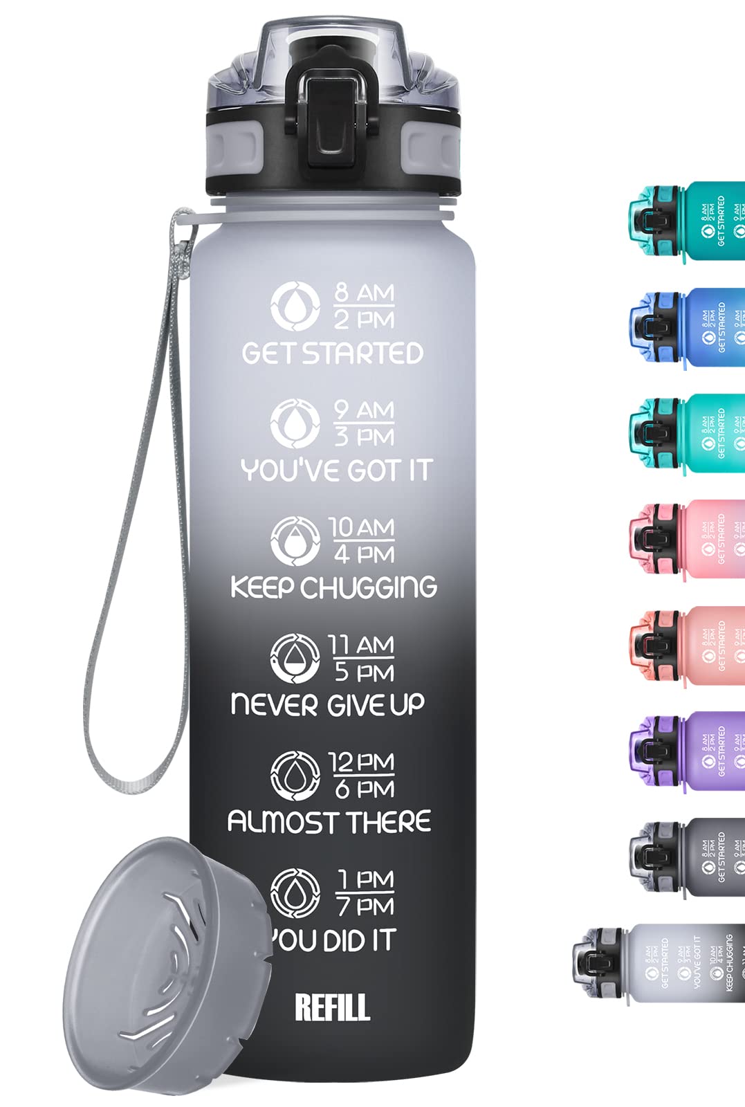 NOIFYS Motivational 32 oz/24 oz Water Bottle with Time Marker, Updated BPA Free Leak Proof Water Bottles,Options include a fruit strainer or both a strainer and straw, Perfect For Fitness Gym Outdoor