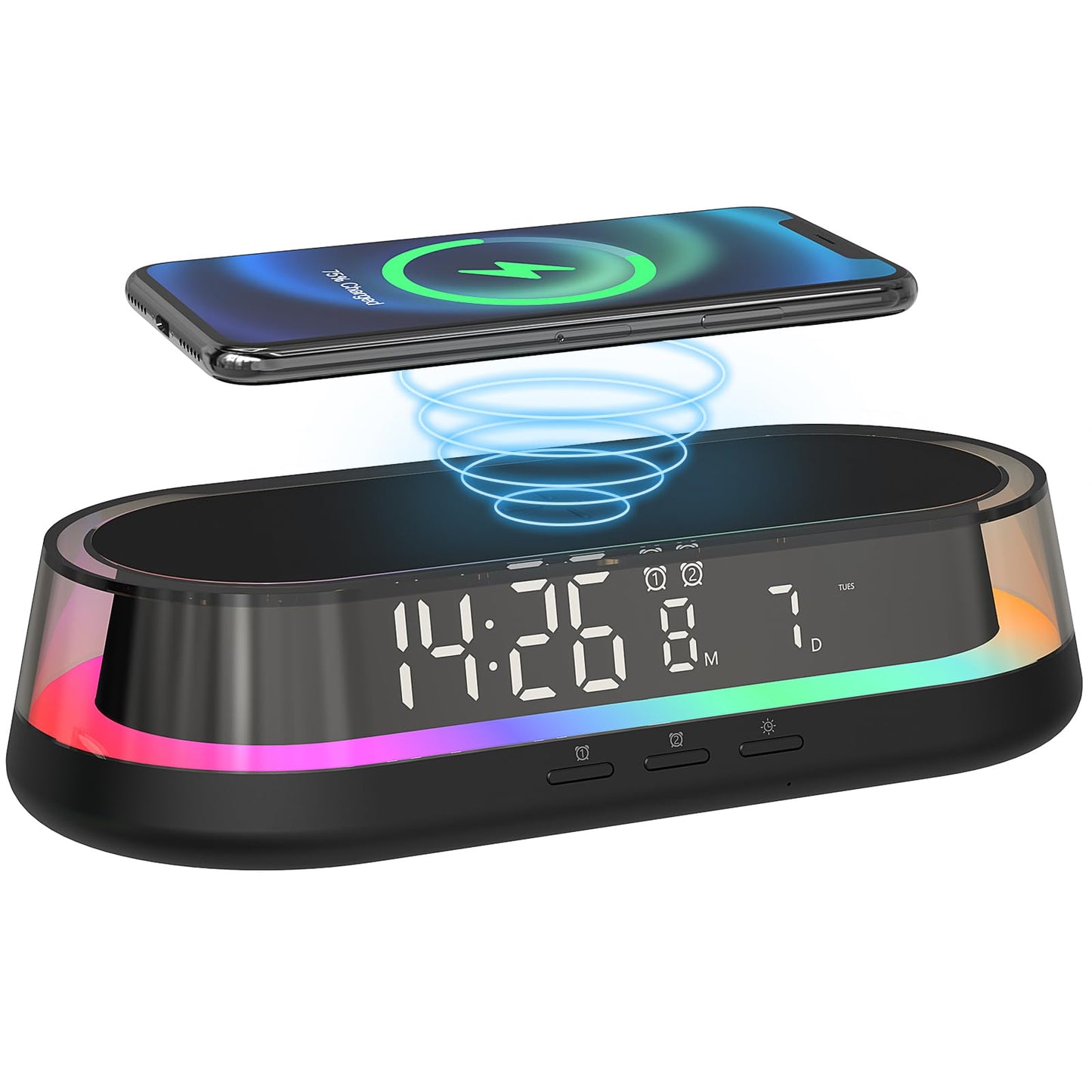 VOILEIPAGI Alarm Clock with Wireless Charging, Alarm Clock for Heavy Sleepers Adults, Smart Clock with Night Light,Snooze, Date, Bedside Digital Dual Alarm Clock, Alarm Clocks for Bedrooms Black
