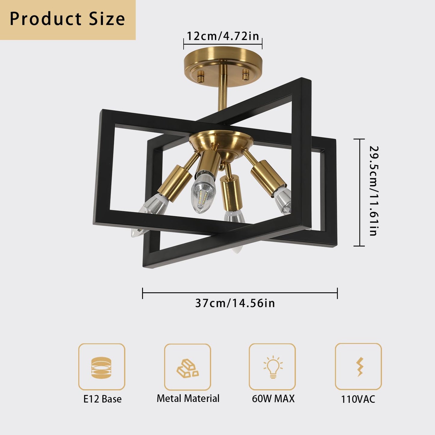DELIPOP Semi Flush Mount Ceiling Light, 4-Light Gold Farmhouse Industrial Ceiling Light Fixtures with Black Square Metal Frame Close to Ceiling Light for Kitchen, Dining Room, Living Room, Bedroom