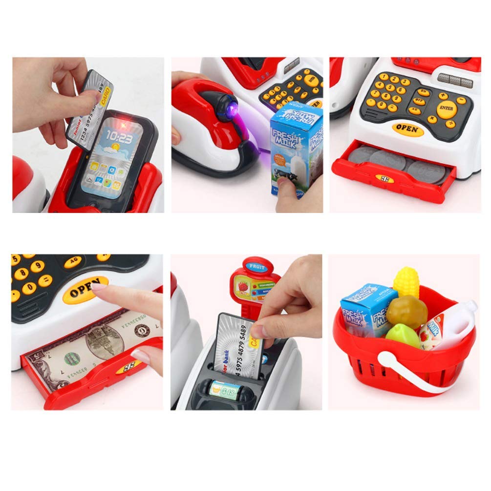 Pretend Play Smart Cash Register Toy, Kids Cashier with Checkout Scanner,Fruit Card Reader, Credit Card Machine, Play Money and Grocery Play Food Set, Educational Toys for Boys & Girls Gifts Toddlers