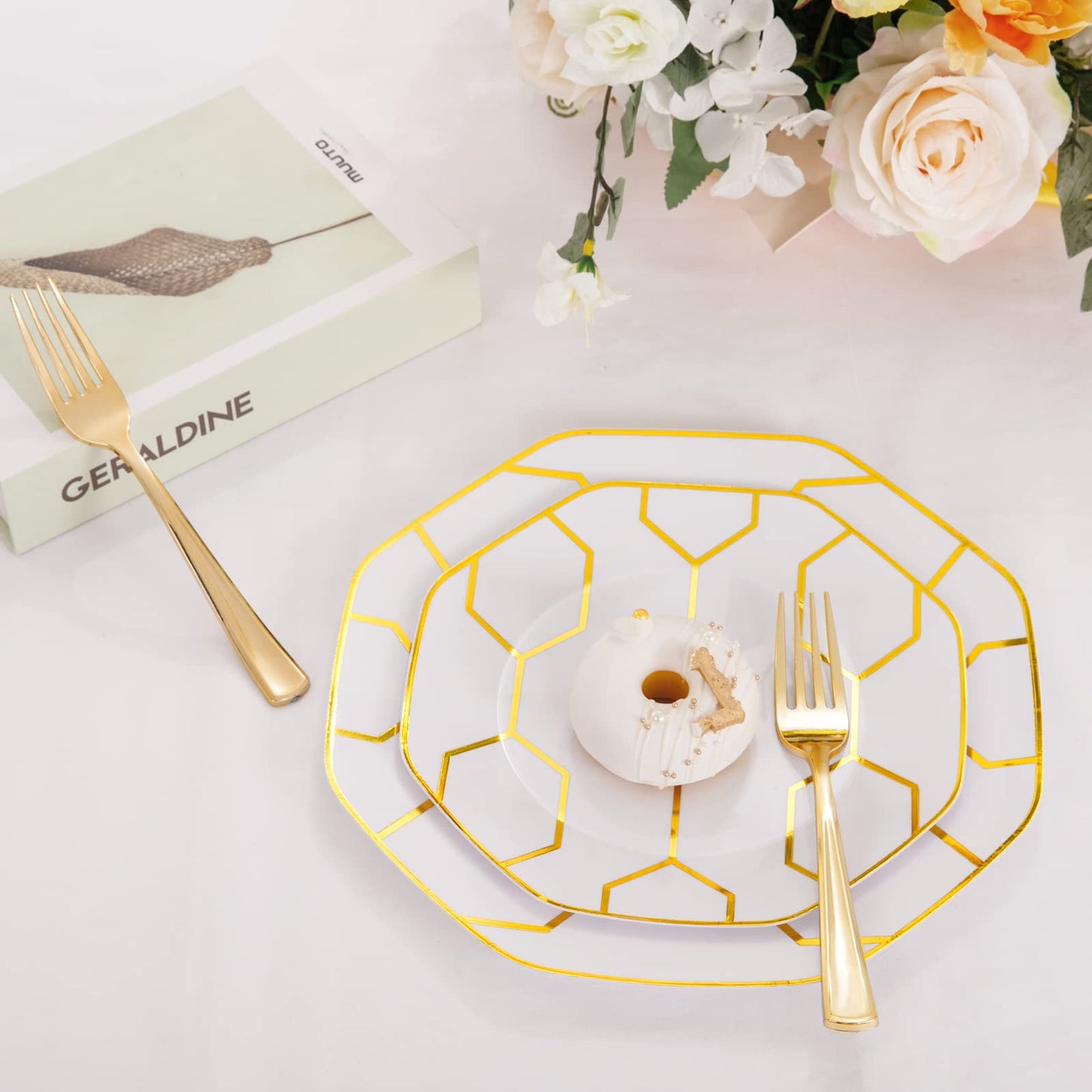 COLOSUS 175PCS Gold White Party Plates Set