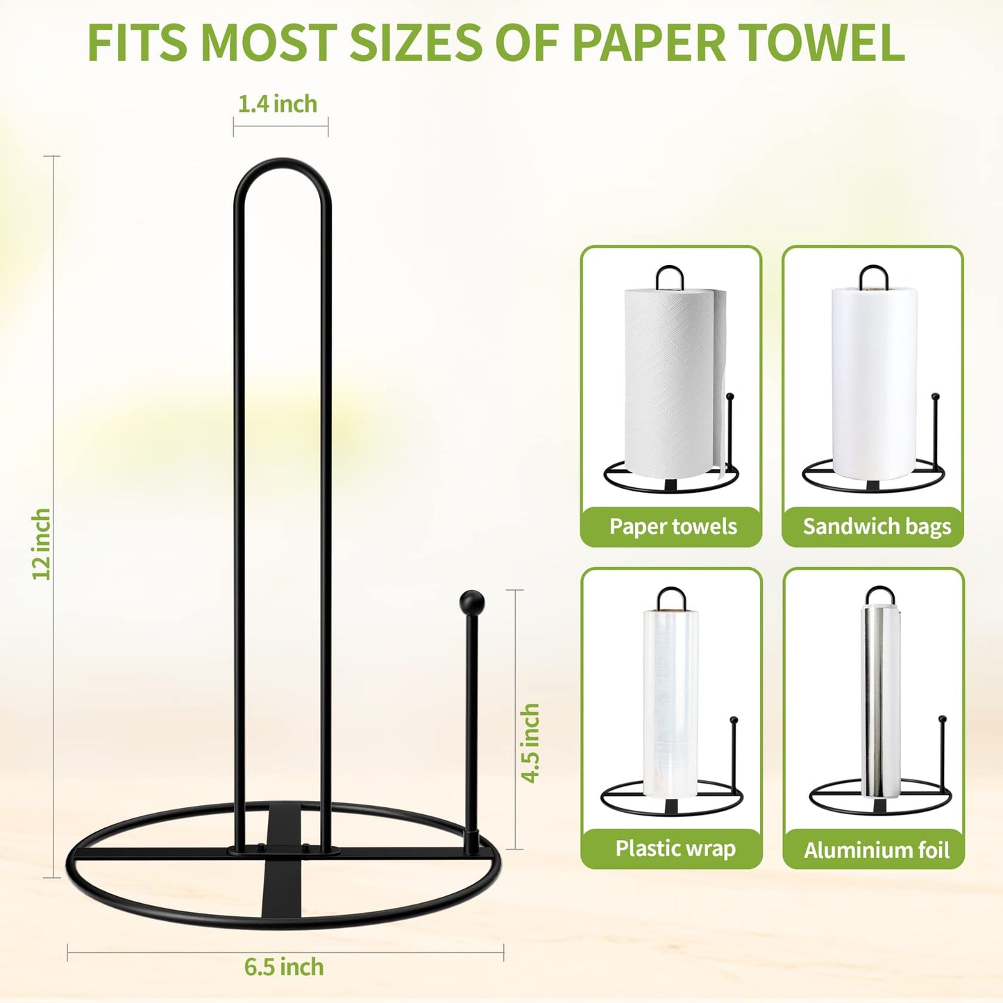 Paper Towel Holder Countertop, Black Paper Towel Holder - Kitchen Roll Holder for Standard and Large Size Rolls (Deep Black)