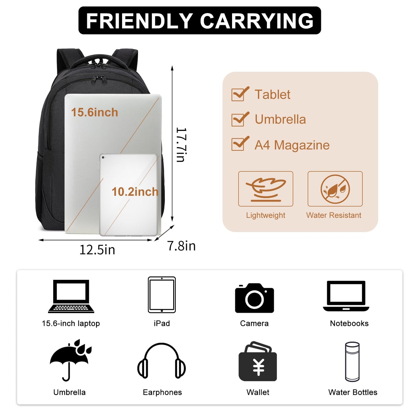 Black Backpack for School, School BackPack for Teens, Girls and Boys, with 15.6 inch Laptop Bookbag for College, Large Computer Back Pack with Compartments for Men & Women