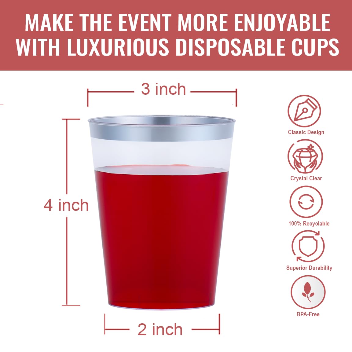 By Madee HEAVYWEIGHT 200 Pack Silver Plastic Cups 10 oz | Silver Rimmed Plastic Cups for Party | Fancy Clear Disposable Cups for Weddings, Birthdays and Special Occasions