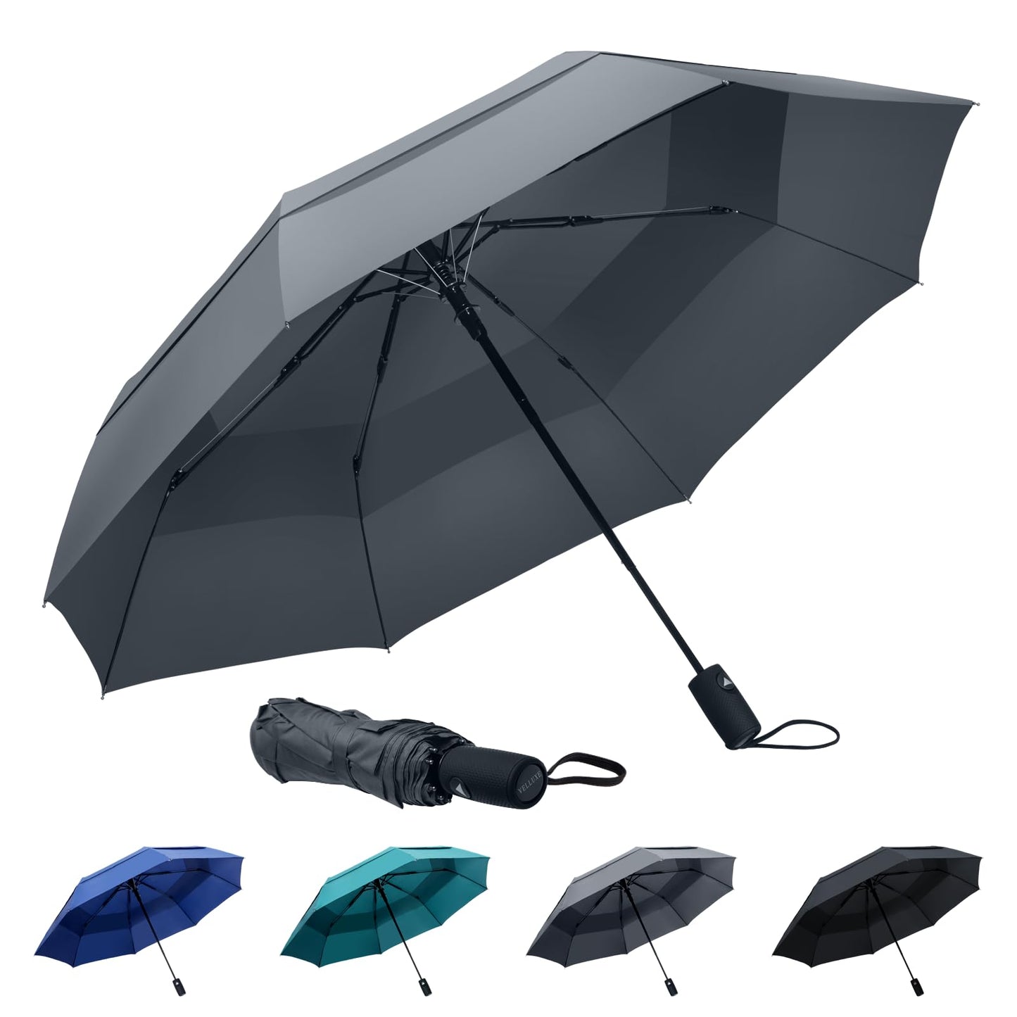 VELLUXE Portable Large Umbrella for Rain, Vented Windproof Double Umbrella, Foldable Golf Umbrella, Compact Travel Umbrella, Automatic Umbrella for adults, Grey Umbrella